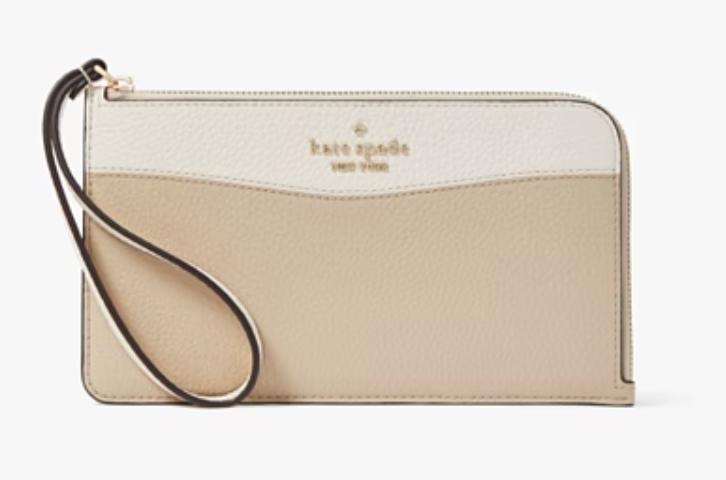 Kate Spade Lucy Medium L-Zip Wristlet Colorblock Pebbled Light Sand