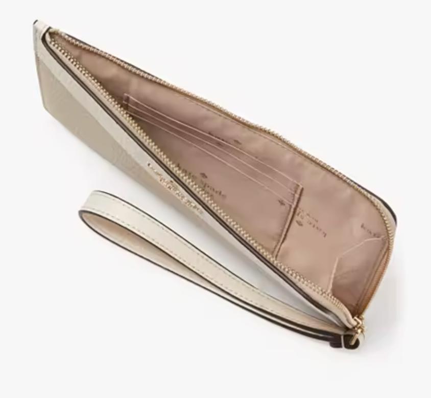Kate Spade Lucy Medium L-Zip Wristlet Colorblock Pebbled Light Sand