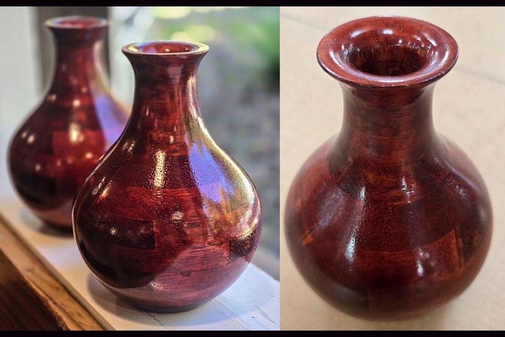 Two matching red wooden vases, glossy, beautiful!