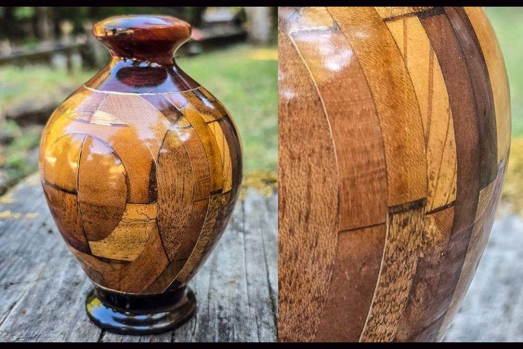 Glossy, light colored wooden vase. Statement piece.