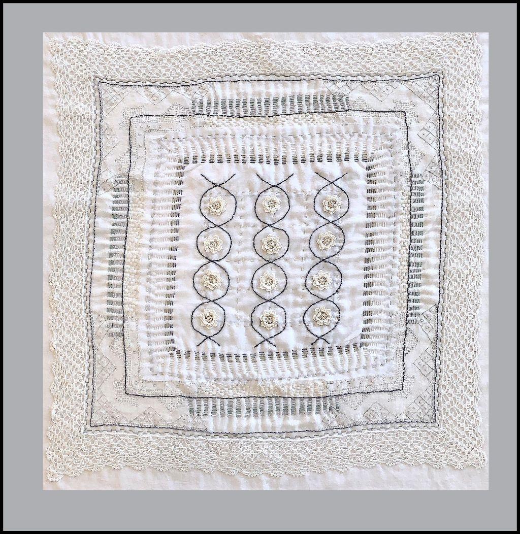 ''Flowers'' (hand stitched vintage handkerchief-text...