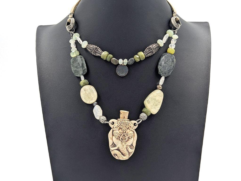 ''Ganesh & Om'' Green Beaded Necklace by Janalee...