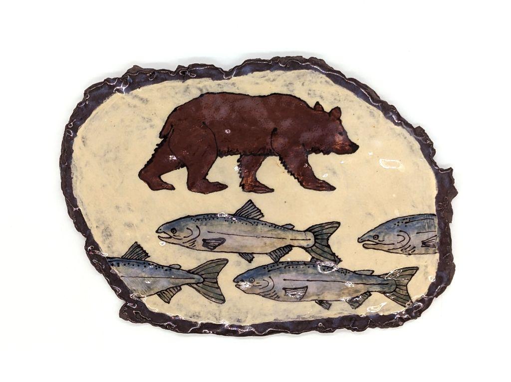 ''Bear and Salmon'' Wall Plaque by Hana Maufe