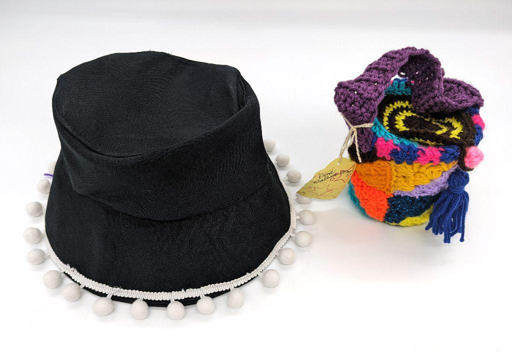 Handmade hat and upcycled crocheted tote by Gina Gal...