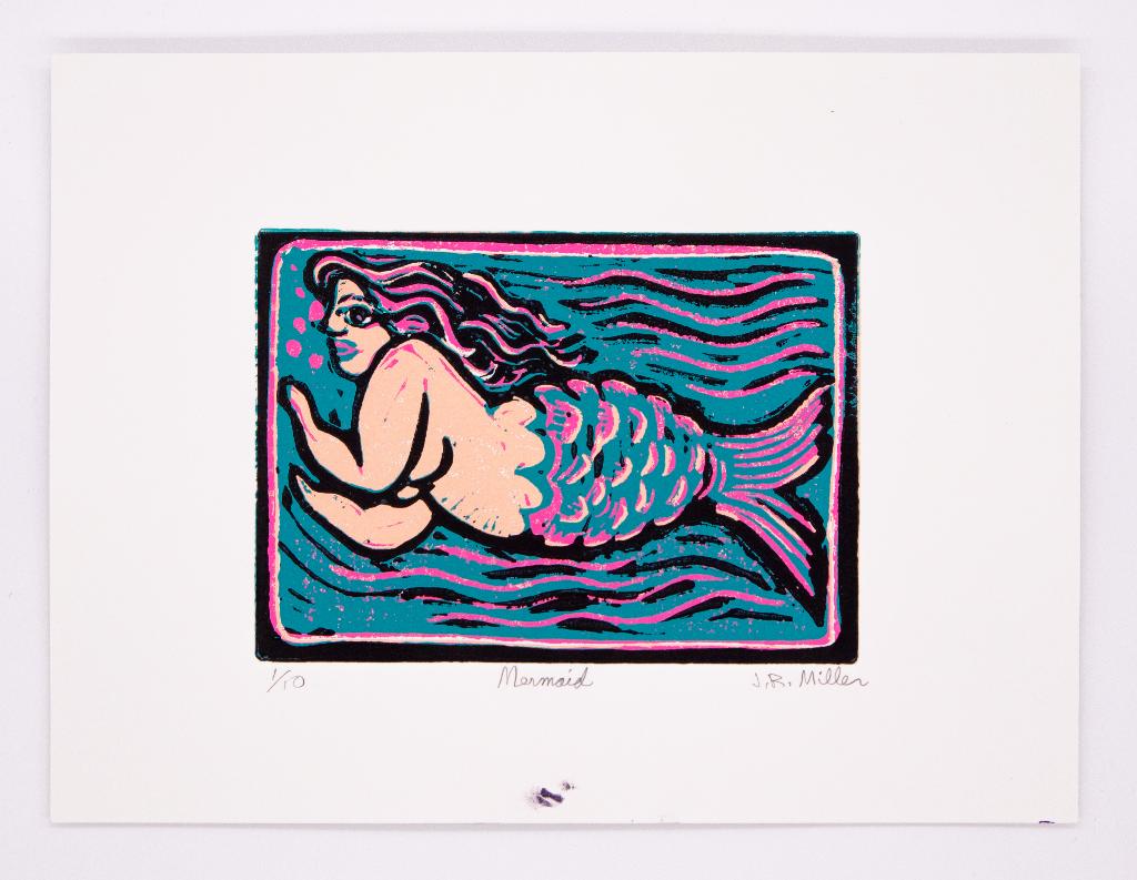 ''Mermaid'' linocut by Jack Miller