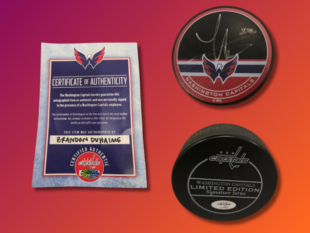 Signed Washington Capitals Brandon Duhaime Hockey Pu...