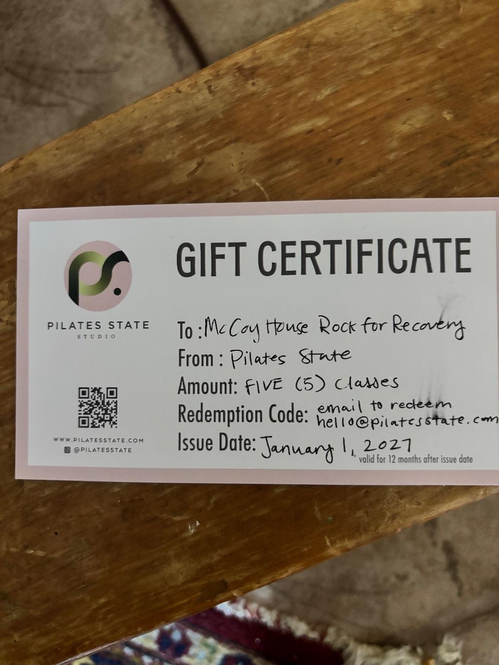 5 classes at Pilates State and socks donated by Grac...