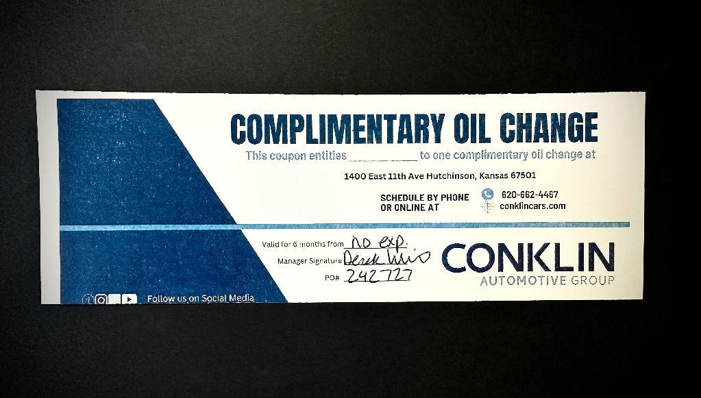 Conklin Cars Free Oil Change Gift Certificate