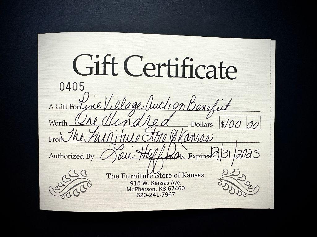 $100 Gift Certificate -Furniture Store of Kansas