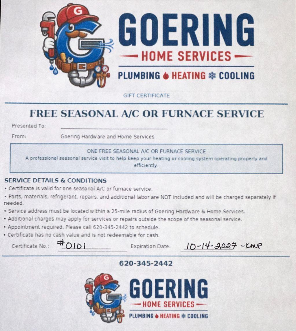 Free Seasonal A/C or Furnace Service Certificate