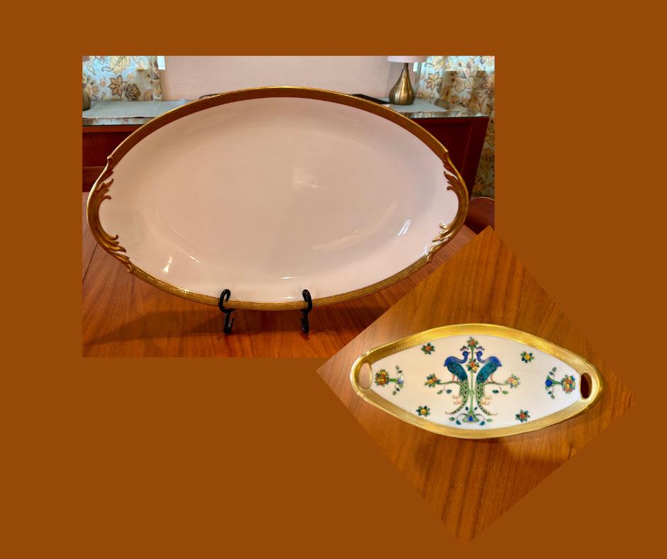 Gold Rimmed Serving Platter and Candy Dish