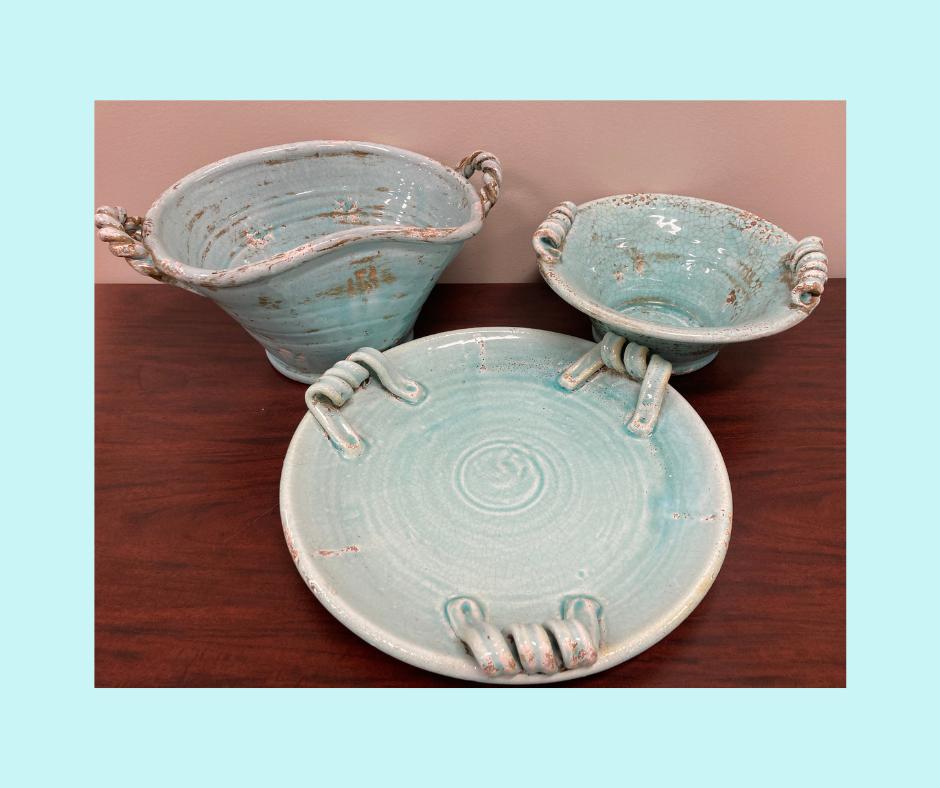 Antique Aqua Decorated Ceramic Set of Three