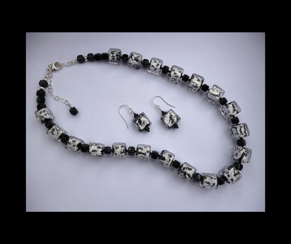 Hand Made Black and Silver Venetian Bead Necklace &a...
