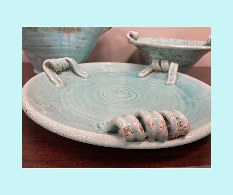 Antique Aqua Decorated Ceramic Set of Three