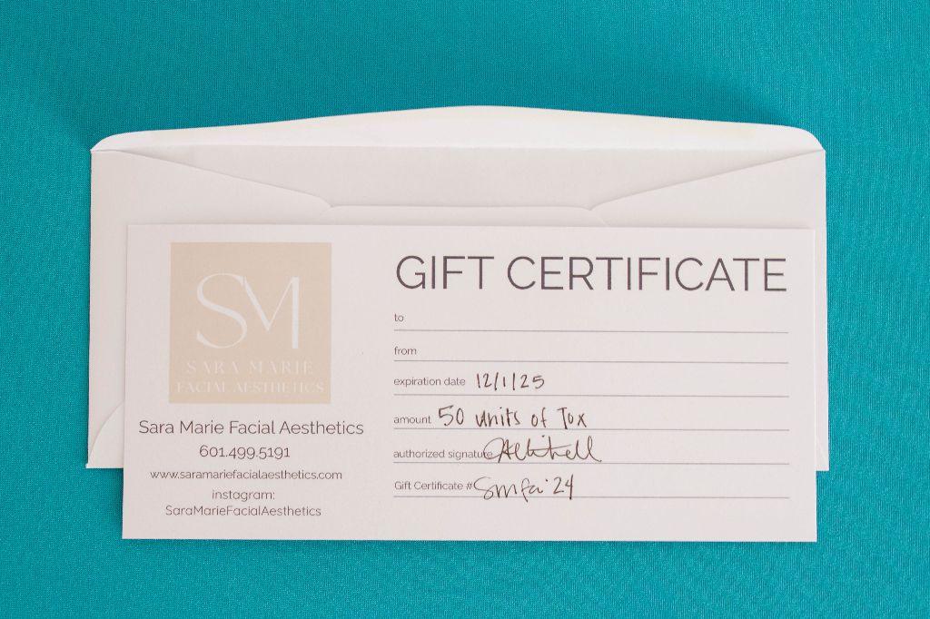 Certificate for 50 units of Botox from Sara Marie Facial Aesthetics