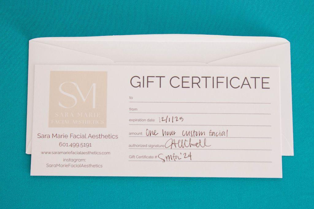 Certificate for a 1 hour facial from Sara Marie Facial Aesthetics