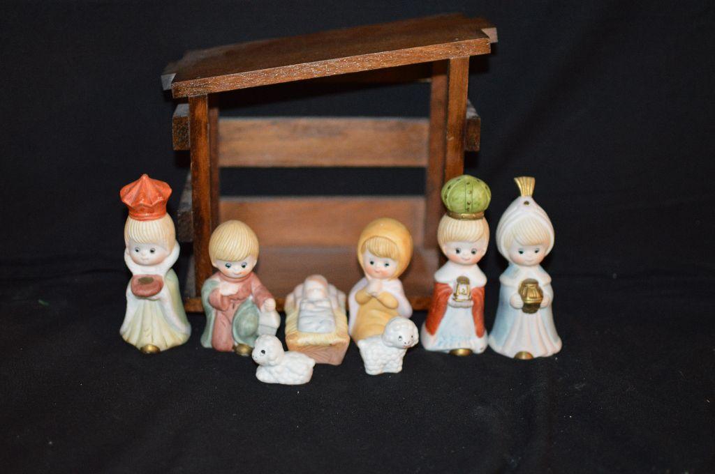 Nine Piece Wooden/Porcelain Nativity Scene