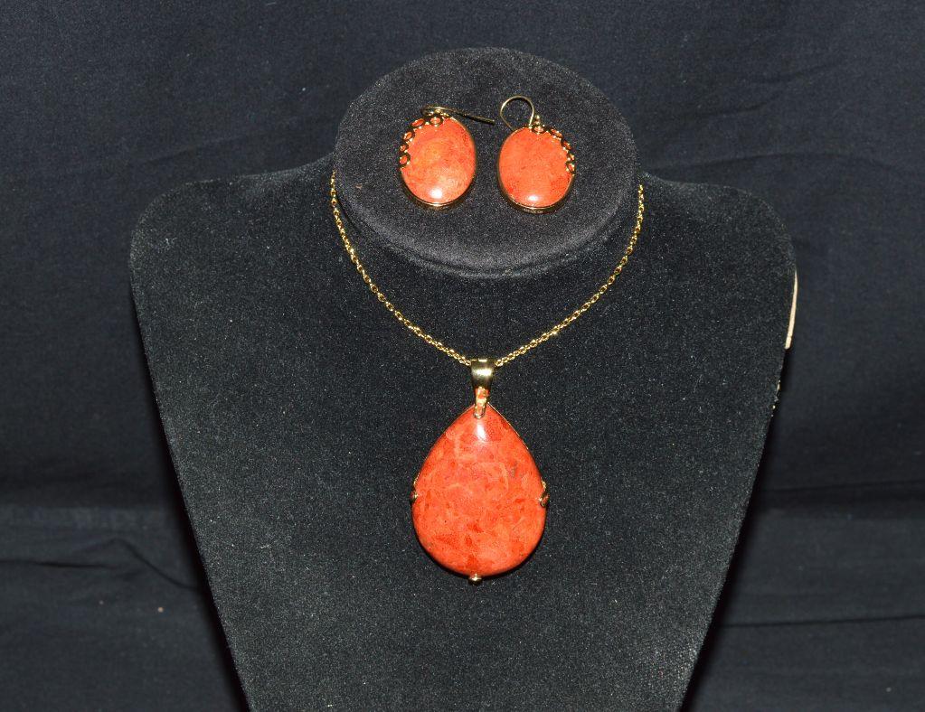 18K Gold Pear Shape Coral Necklace and Matching Earr...