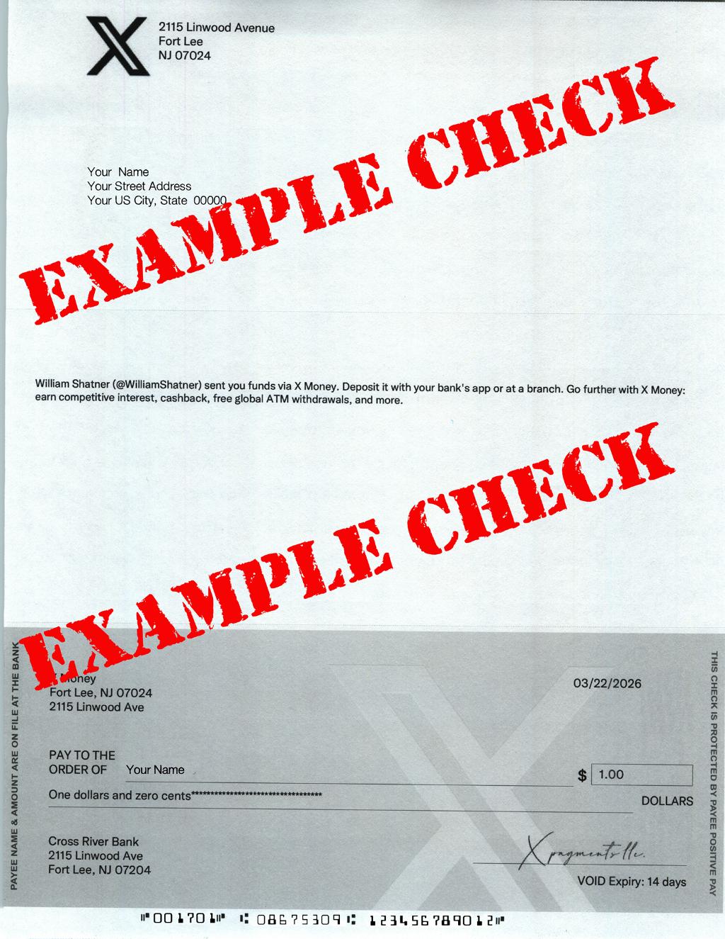 X Money $1.00 Check From Mr. Shatner's X Money Accou...