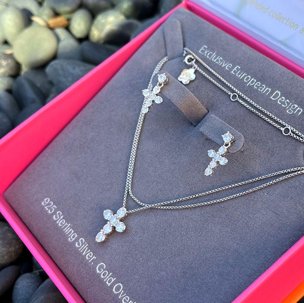A44 - Graceful Cross Necklace & Earring Set in W...