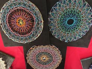 Handmade Tryptic Geometric String Art by Sixth Grade: Multicolor