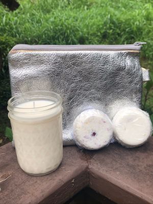 Leather Clutch or Cosmetic Bag, Soy Candle, and Bath Bombs