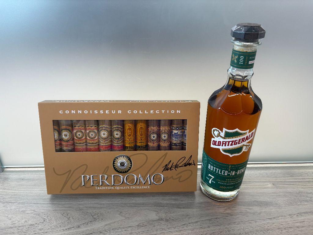 Signed Perdomo Cigar Box and Old Fitzgerald Bourbon