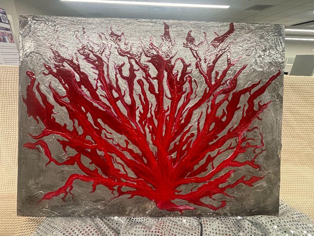 Red Coral on Silver Canvas Painting