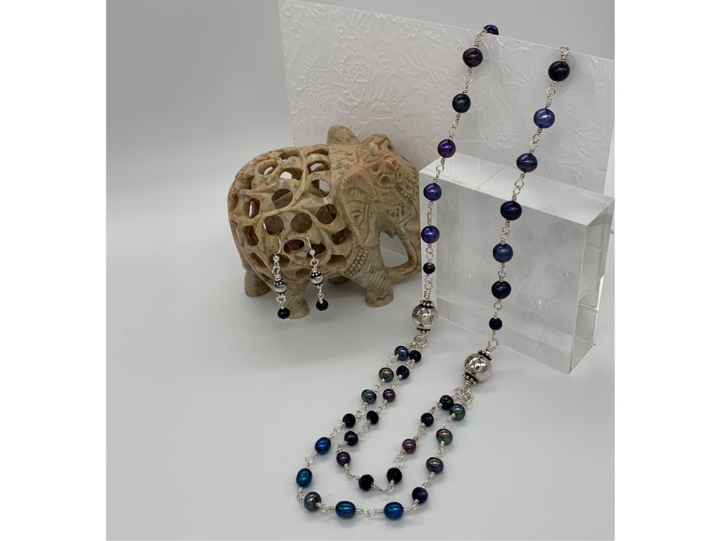 Freshwater Pearl and Sapphire Necklace and Earrings