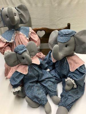 Elephant Family Trio with Wooden Bench
