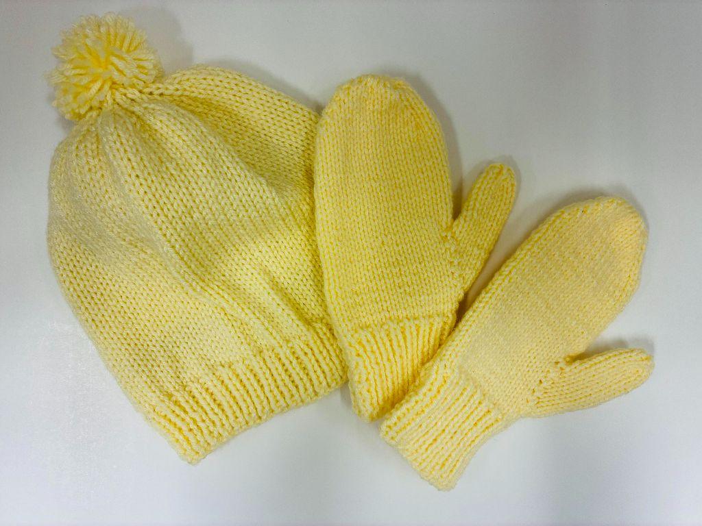 Yellow Knitted Hat and Mittens