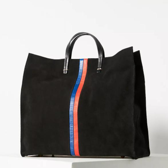 Clare V. Simple Tote in Black Suede with Stripes