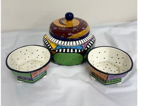 Colorful Ceramic Jar and (2) Bowls