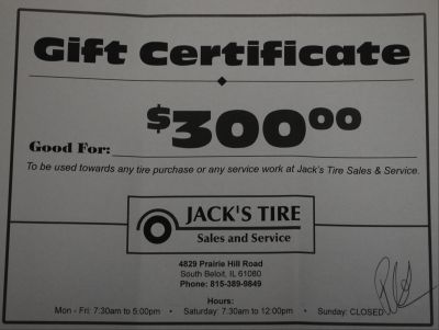 $300 gift certificate for Jack's Tires