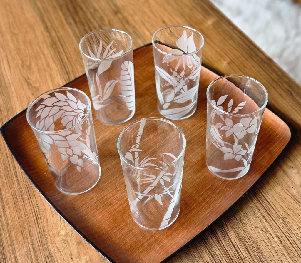 Five Glasses with Etchings of Tropical Plants