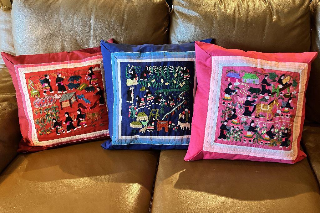 3 Hmong Story Cloth Throw Pillows