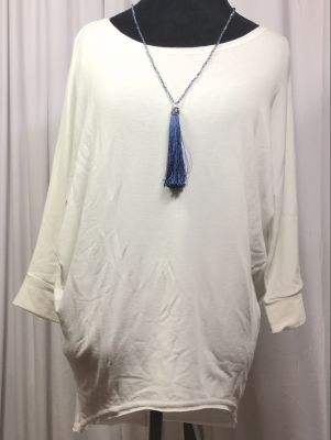White Batwing Top and Blue Crystal Fringe Necklace