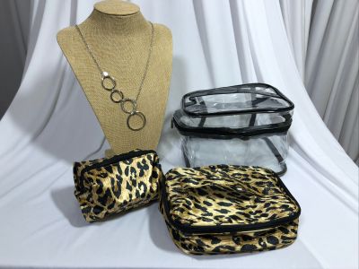 Animal Print Make-up Bag with Long Silver Circle Fashion Necklace