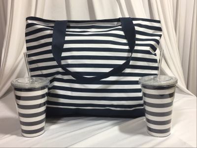 Blue and White Striped Tote Bag with tumblers